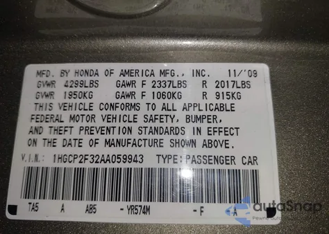 2010 Honda Accord 2.4 Lx from USA, damaged, VIN 1HGCP2F32AA059943
